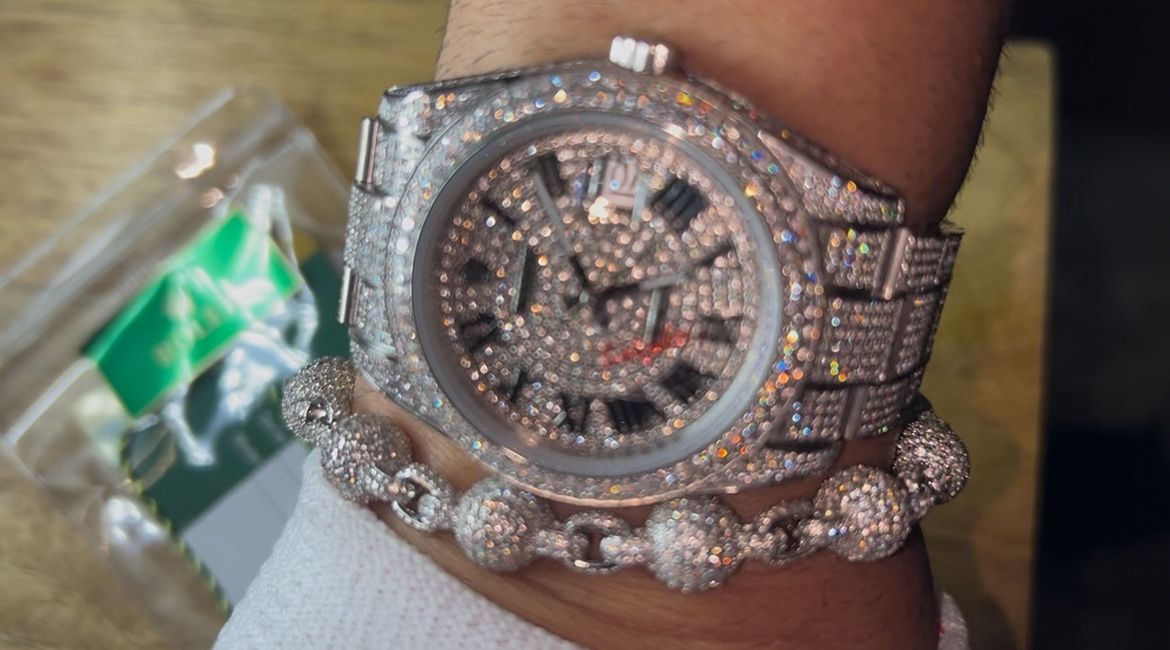 Custom Moissanite Diamond Bust Down Watch With Rotating Display Case.