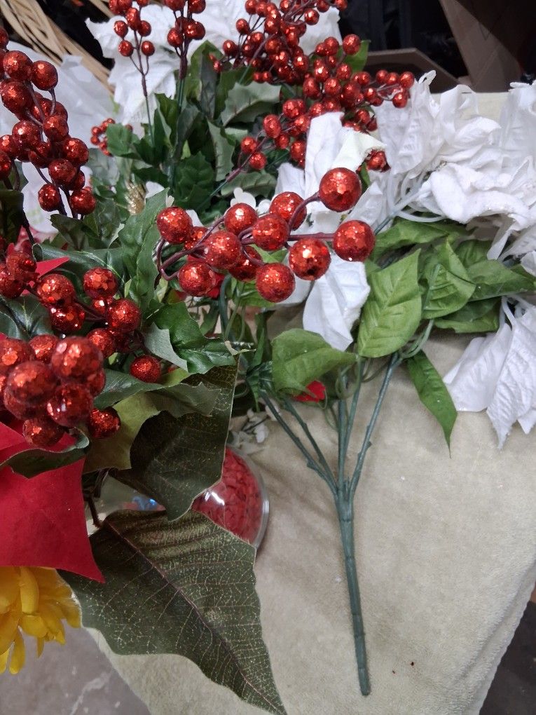 Artificial Flowers And 2 Vases - 1 Glass And 1 Plastic 