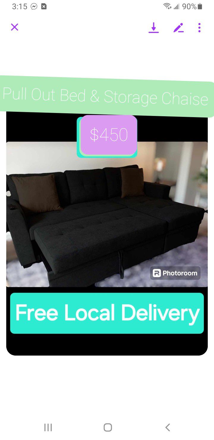 Gray Sectional Couch With Storage Chaise & Sleeper Free Delivery 