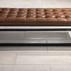 Modern Tufted Cognac Leather Bench with Black Steel Base