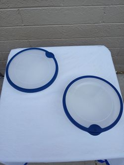 2 RUBBERMAID ROUND PLASTIC FOOD CONTAINERS WITH DIVIDERS AND LIDS