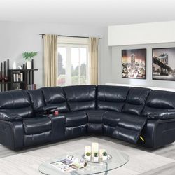 Brand New Blue Leather Power Reclining Sectional Sofa 