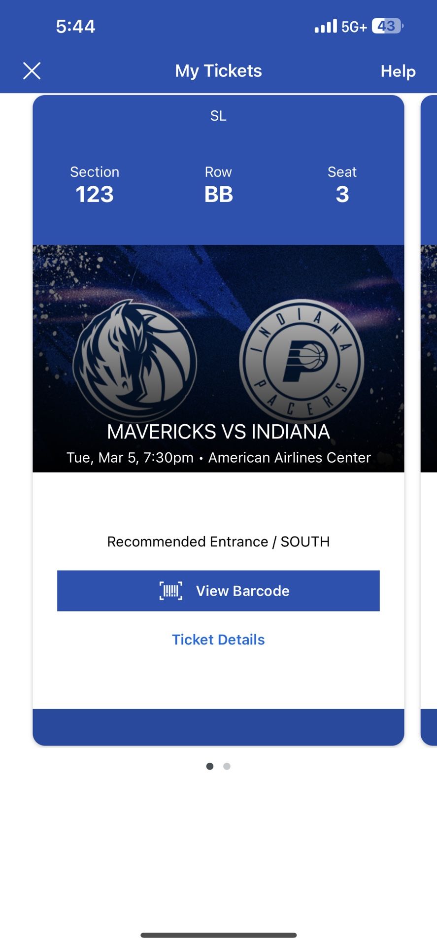Mavs Pacers Section 123 Row BB Seats 3 And 4