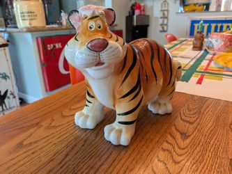 Vintage 70s female tiger ceramic coin bank, girl tiger piggy bank retro coin bank