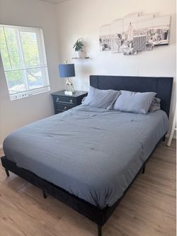 Queen suede bed frame + nightstand