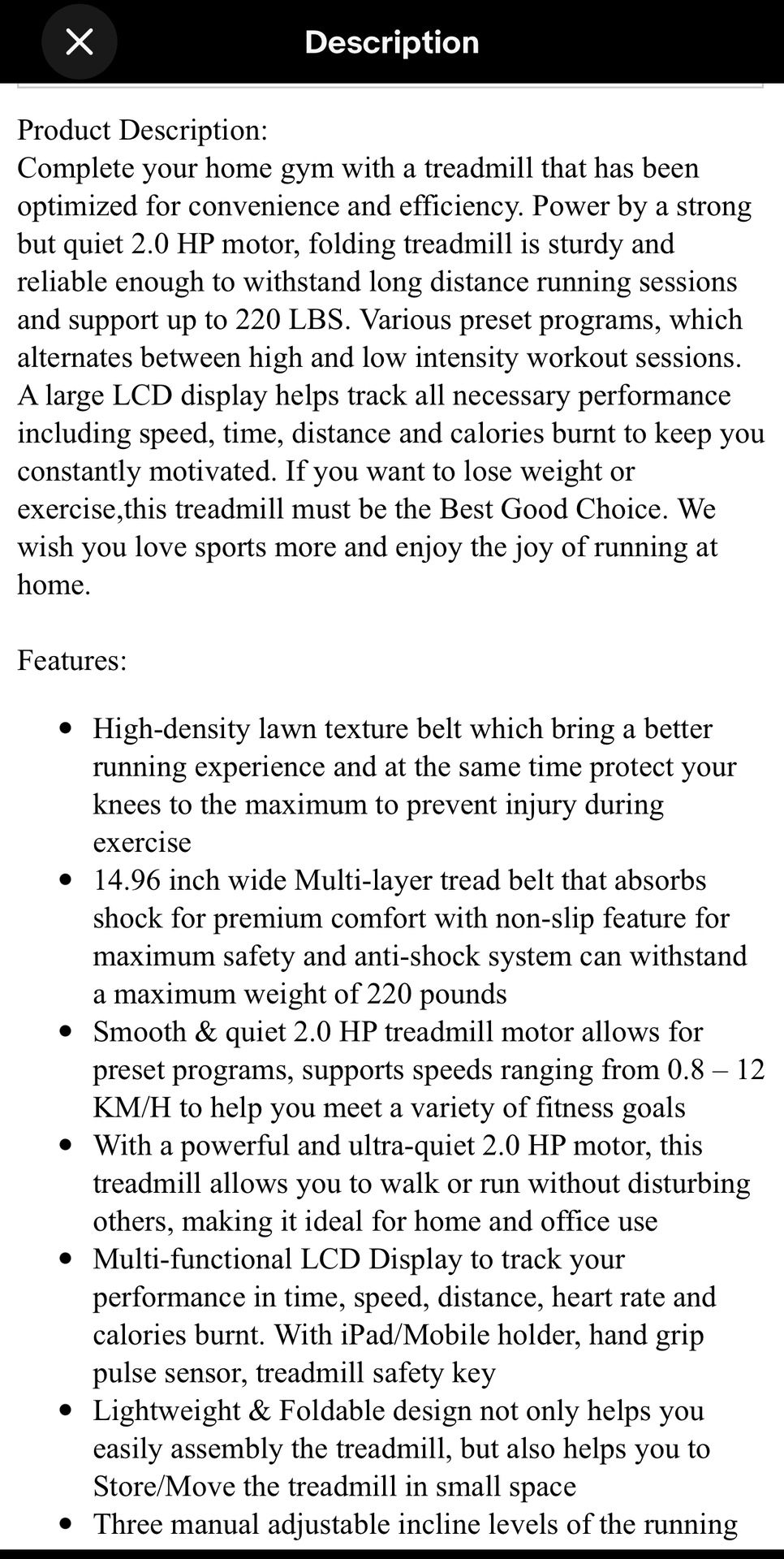 2.5 HP Larg Folding Electric Motorized Treadmill Auto Incline Running Machine