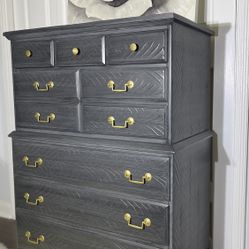 Vintage Wood 5 Drawers Tallboy Dresser Redone In Brushed Gray /Gold