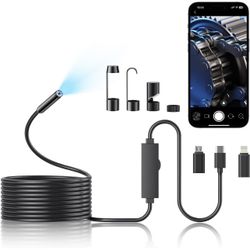 Endoscope Camera with Light, 1920P HD Borescope Camera with 8 Adjustable LED, 16.4FT Semi-Rigid Snake, IP67 Waterproof 8mm Inspection for iOS and Andr