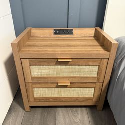 Set of 2 with Charging Station, End Table, Farmhouse Side Table with 2 Storage Drawers, Boho Wood Night Stand Bedside Table for Bedroom Wood