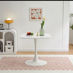 Modern 23.6 Inch Square Dining Table, Matte White Top w/Metal Round  Stand Table White