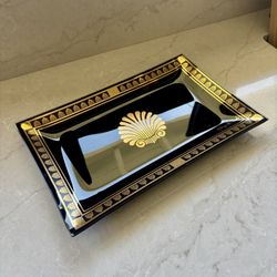 Vintage Georges Briard Tray MCM Glass 22k Gold on Black, Shell Rectangle Tray