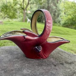 Vintage Hull 56 Art Pottery Basket Mid Century Cranberry Vase Dish 6" Tall