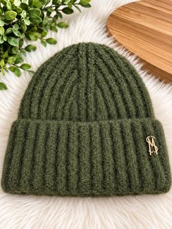 Green Ribbed Knit Beanie with Gold Steve Maden