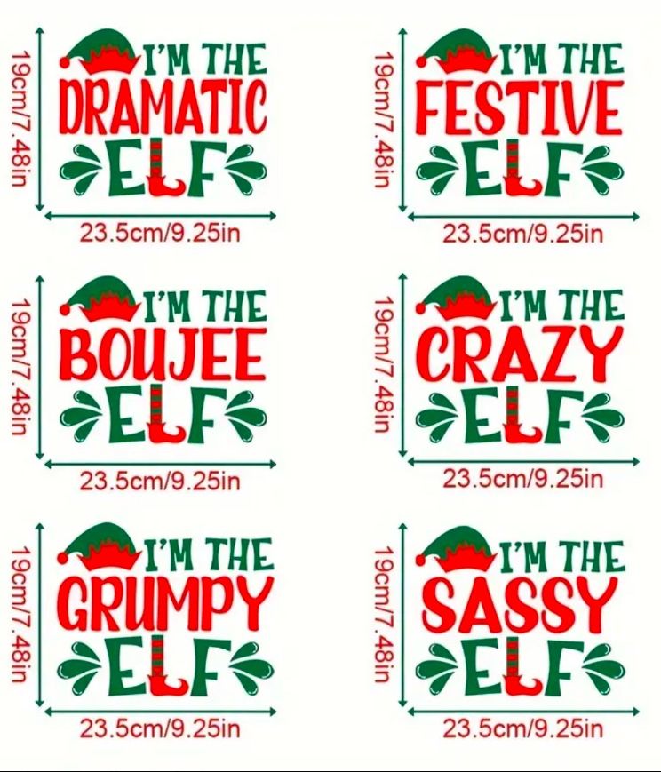 6-Pack Festive Elf Iron-On Heat Transfer Decals