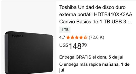 Toshiba Unidad de disco duro externa portátil HDTB410XK3AA Canvio Basics de 1 TB USB