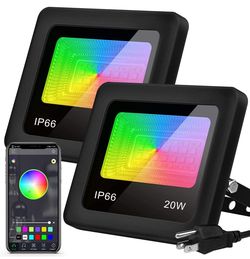 20W 2-Pack LED RGB Floodlight APP Bluetooth Control Outdoor/Indoor Dimmable RGBW Color Changing Floodlight Warm/Cold White Decoration Floodlight With