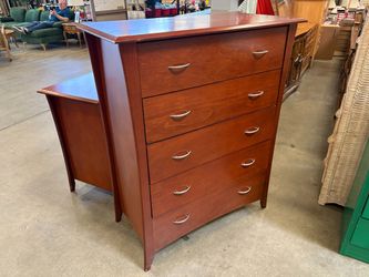 Vintage Mahogany Tallboy 5 Drawer Dresser with Sleek Silver Pulls