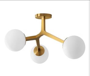 Semi Flush Mount Ceiling Light Fixture 3-Light Modern Gold Sputnik Chandelier with Globe Milky Frosted Glass Shade E12 Sputnik Ceiling Light for Kitch