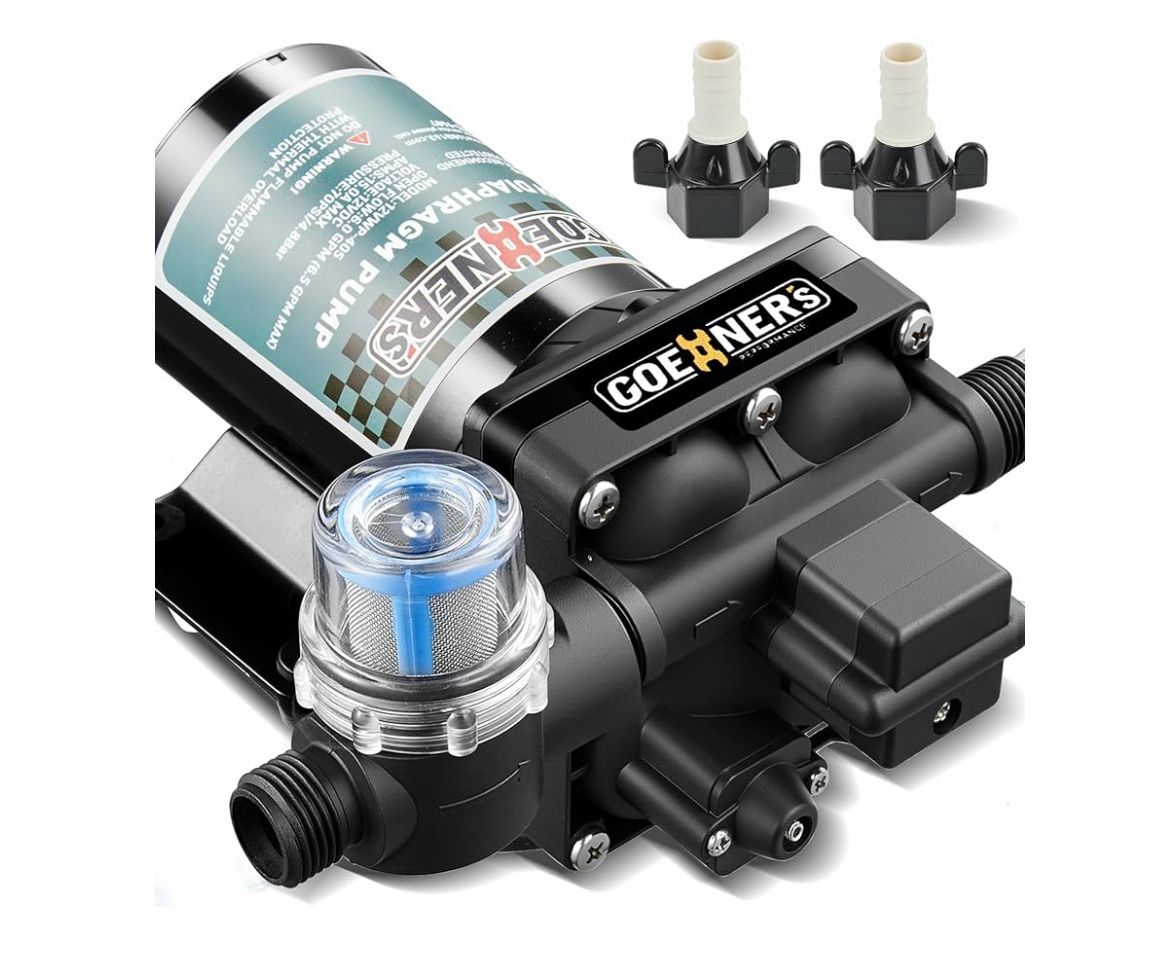 RV Fresh Water Pump, 12V DC Water Pump, 6GPM 70PSI Self-Priming Diaphragm Pump with Pressure Switch and Strainer for RV, Marine, Yac