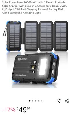 Solar Power Bank 20000mAh with 4 Panels, Portable Solar Charger with Build-in 3 Cables for iPhone, USB C in/Output 15W Fast Charging External Battery 