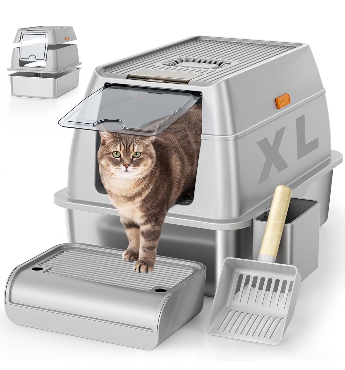 Stainless Steel Cat Litter Box with Lid, XL Extra Large Litter Box for Big Cats, Enclosed Removable Metal Litter Box with High Sided Enclosure & Scoop