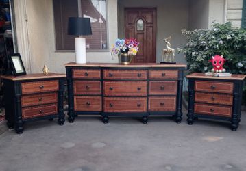 9 Drawer Dresser With Pair Of 3 Drawer Nightstands - All Solid Wood - Kathy Ireland Home- Black Frames With Walnut Toned Fronts