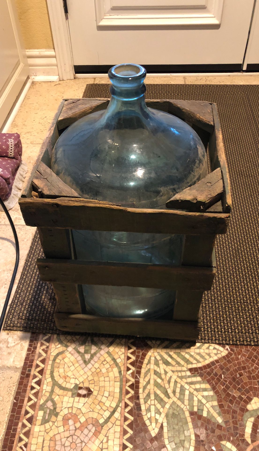 Antique 5 gallon glass bottle with case