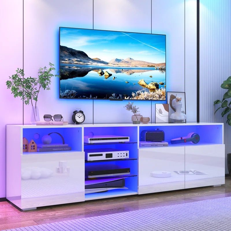 DMAITH TV Stand with LED Lights, 3 Storage Cabinet and Open Shelves High Gloss Entertainment Center Media Console Table Storage Desk for for 82/85/86