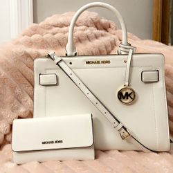 MICHAEL KORS Rayne Medium Saffiano Satchel-Optic White w/ Jet Set Trifold Wallet
