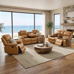 Carmel Leather Fully Reclining Three Piece Couch Set