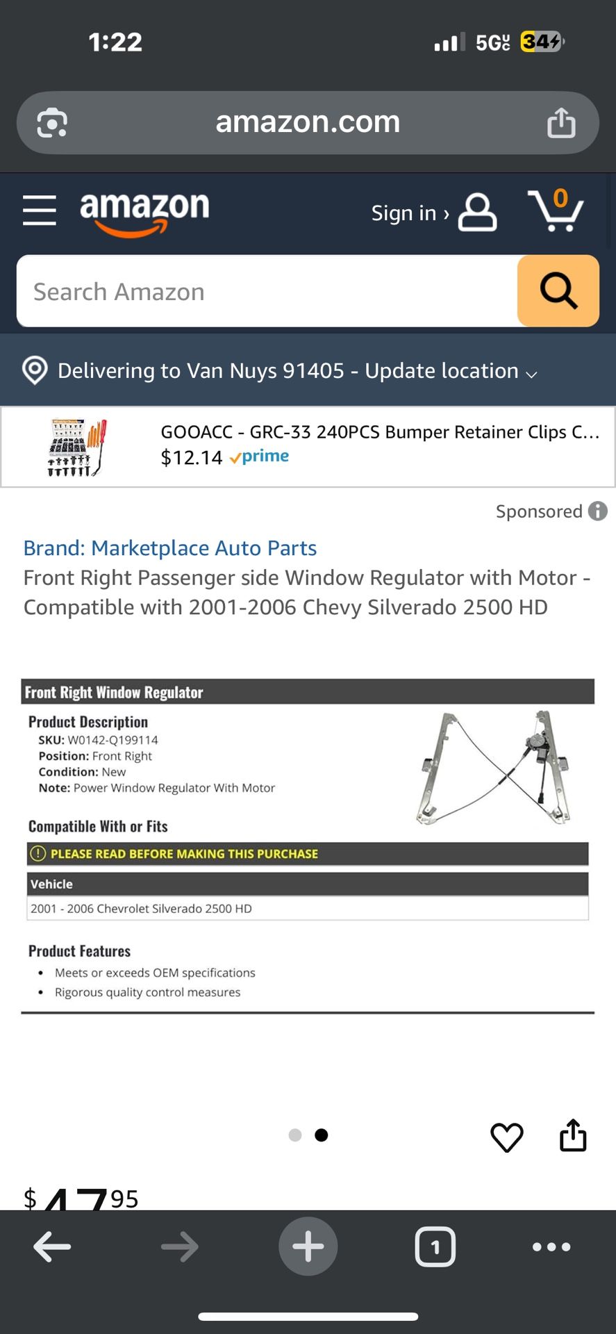Front Right Passenger side Window Regulator with Motor - Compatible with 2001-2006 Chevy Silverado 2500 HD