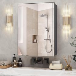 16 × 22“ Medicine Cabinet Mirror for Bathroom, Black Aluminum Framed Recessed Wall Mounted Mirror Cabinet, IP44 Wall Vanity Mirror with Storage