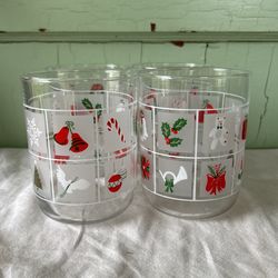 Set Of 4 Holiday Whiskey Glasses frosted Christmas Tree Retro Vtg Red Green 