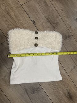 White Strapless Fuzzy Knit Crop Top with Button Detail | Women’s