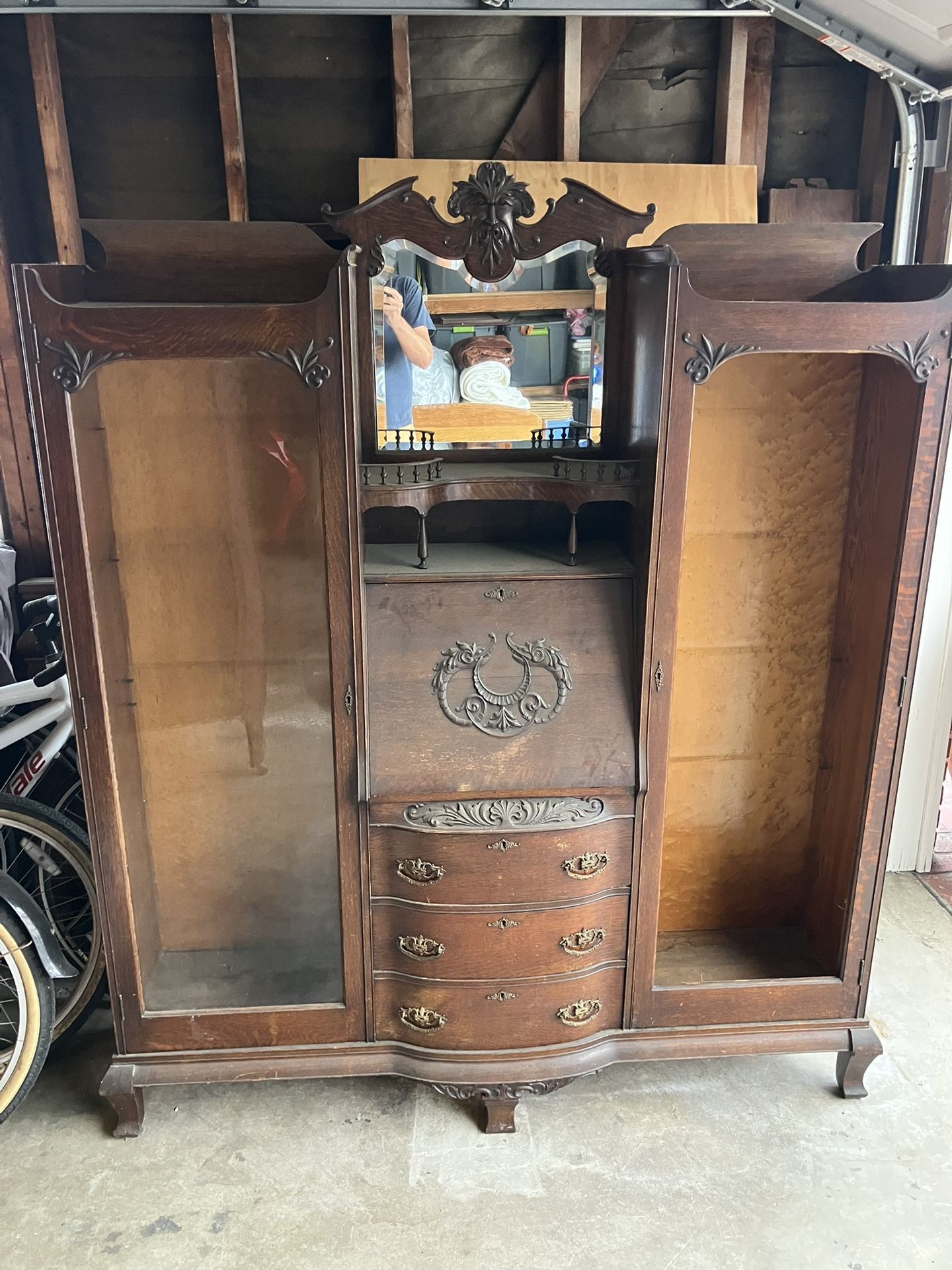 Tiger Oak Antique double secretary missing one glass