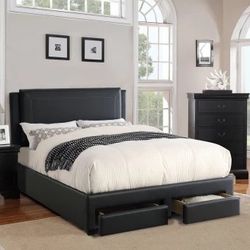 Queen Size Black Leatherette Bed W Ortho Mattress 