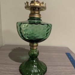 Vintage Elegance: Patterned Green Glass 9-inch Oil Lamp from Hong Kong