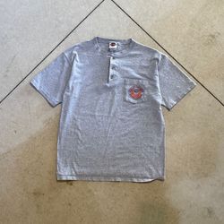 Harley Davidson Henley T Shirt Large Gray 2004 Flames Pocket Biker Y2K
