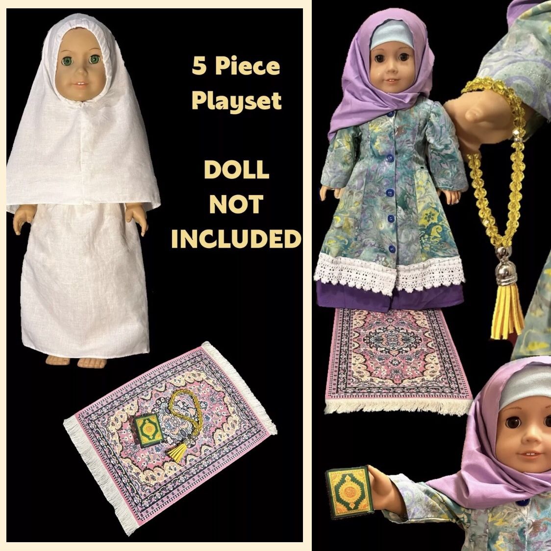 5 Pc American Girl 18” Doll Islamic 2pc Prayer Clothing With Prayer Rug, Prayer Beads (Mesbiha), & Small Quran