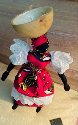 Handmade Senegal-West African cloth Doll with Gourd Bowl on Head-collectible