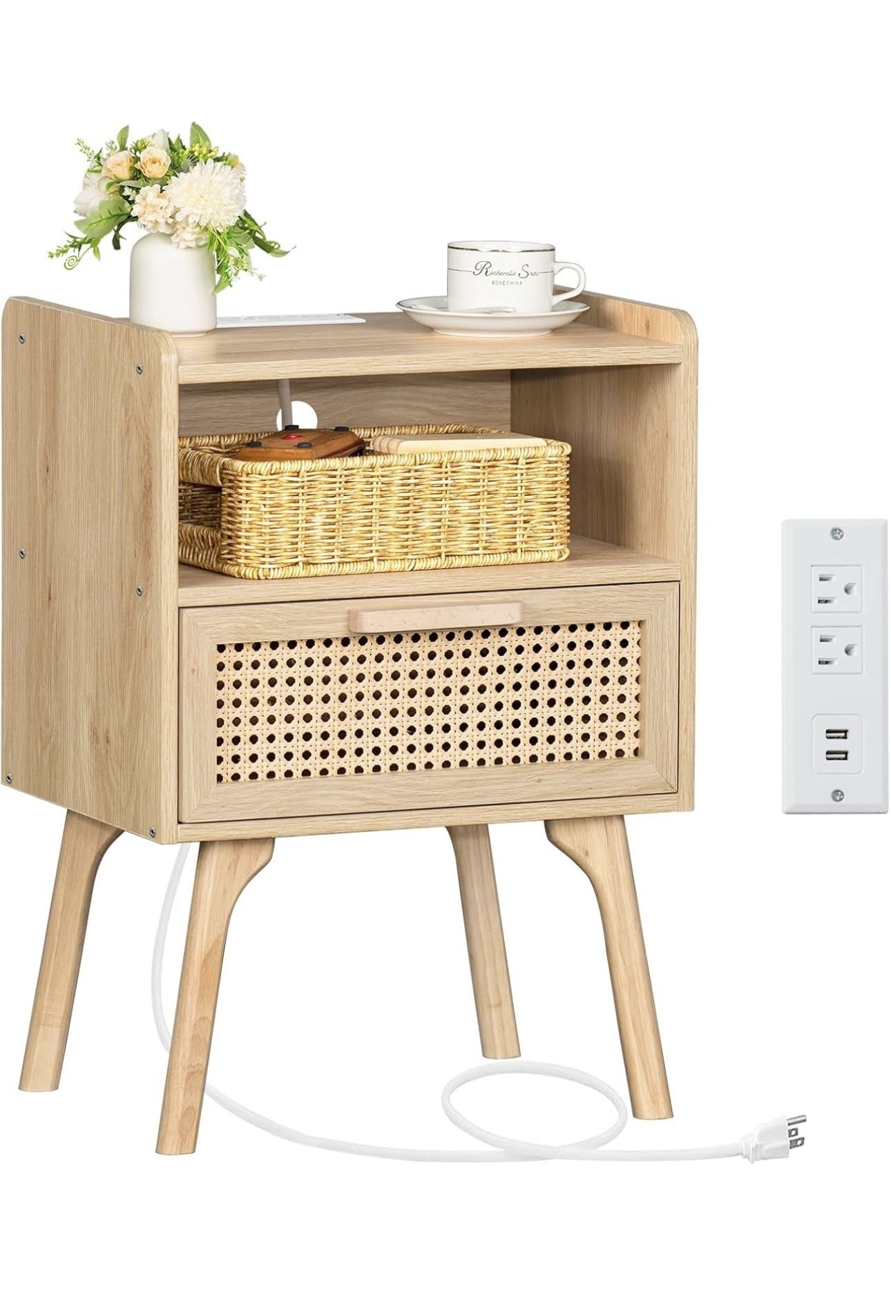 Rattan Nightstand with Charging Station, Boho Side Table with Drawer Open Shelf, Cane Accent Bedside End Table for Bedroom, Dorm and Small Spaces bran