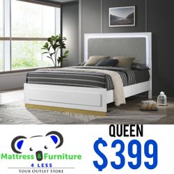 Caraway Wood Queen LED Panel Bed White