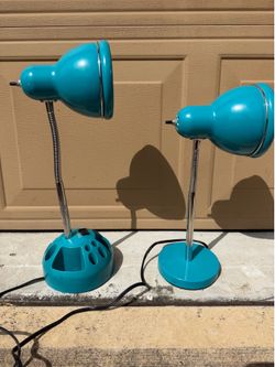 Pair of Retro Turquoise Gooseneck Desk Lamps – Vintage Style – Chrome Neck