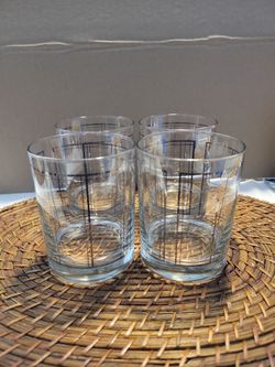 Vintage Georges Briard Lowball Glasses Window Pane MCM Plaid Lot Of 4 (Marilou)