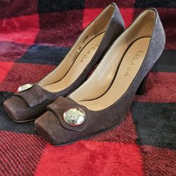 Escada brown suede heels with silver embellishments. Size US 6