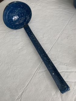 Vintage Cinsa Blue Speckled Enamel Ladle 12” 2/5”