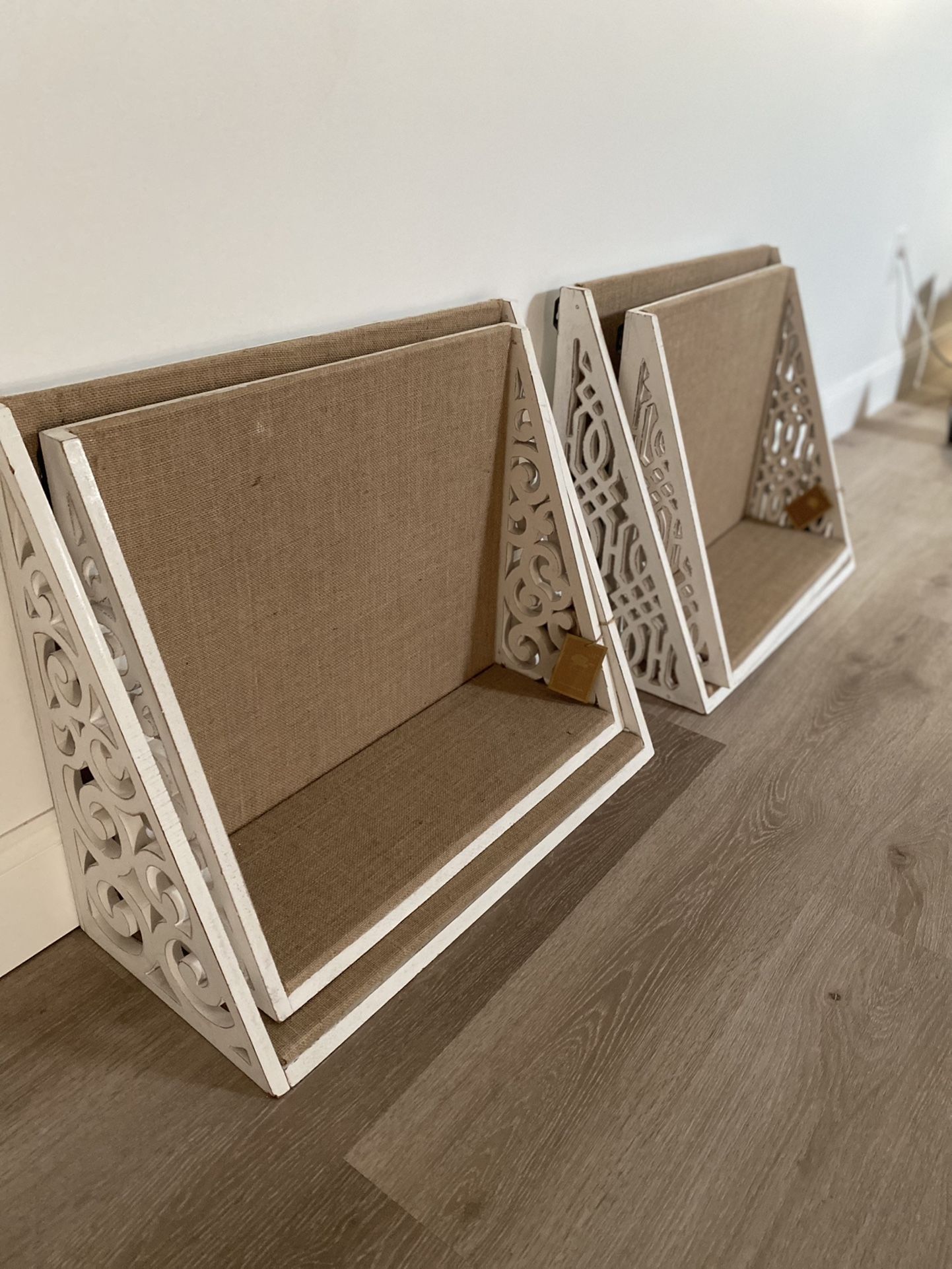 White Wood With Burlap Shelves