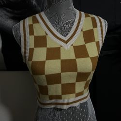 Urban Outfitters Vest Womens Size Small Brown Yellow Checkered Cropped Sweater 
