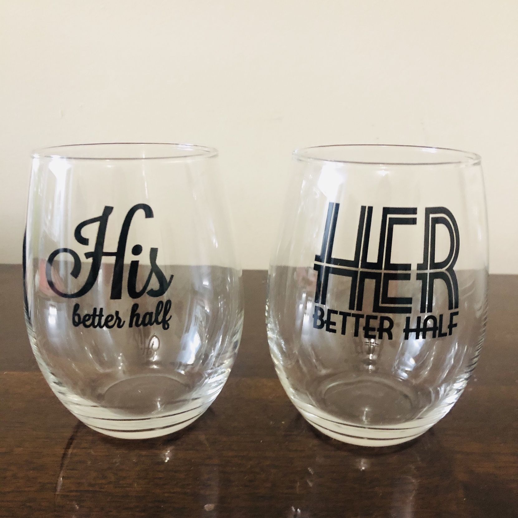 Set Of 2 Stemless Wine Glasses (HIS & HERS)—NEW