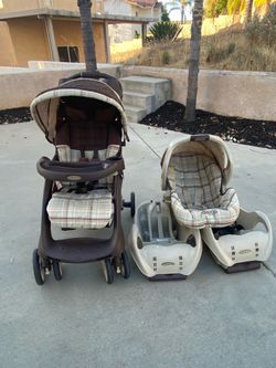 GRACO BABY / INFANT STROLLER & CARSEAT / CARRIER COMBO W/ 2 CAR BASE - TAN / PLAID